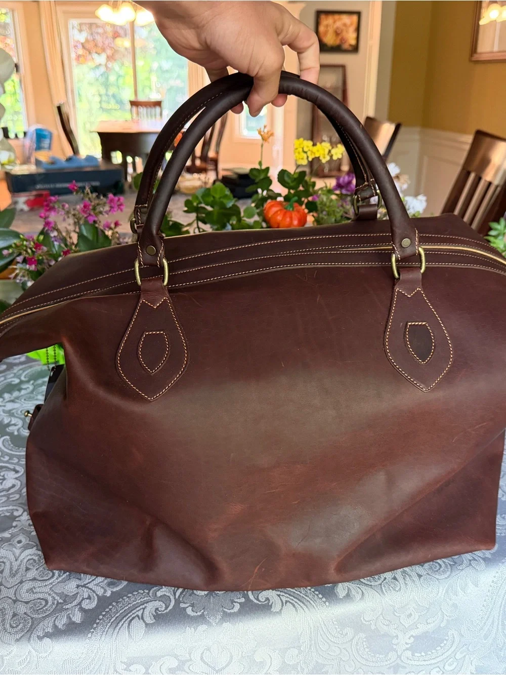 Men's Leather Duffel Bag - Dark Brown Travel Carryall